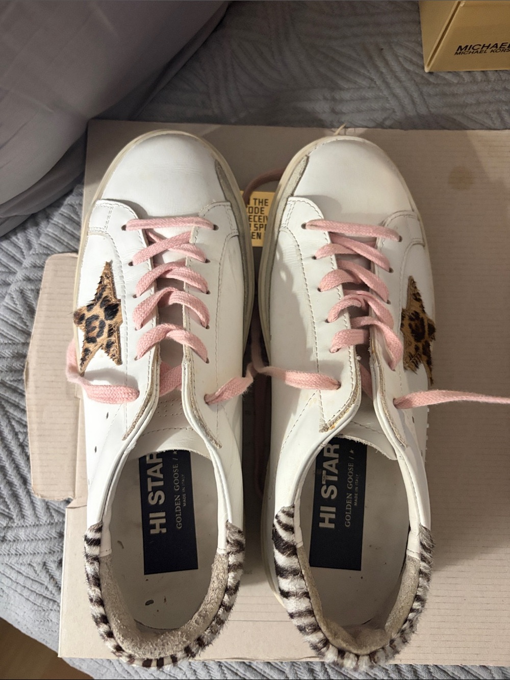 Golden Goose White Leather Sneakers with Pink Laces and Leopard Star